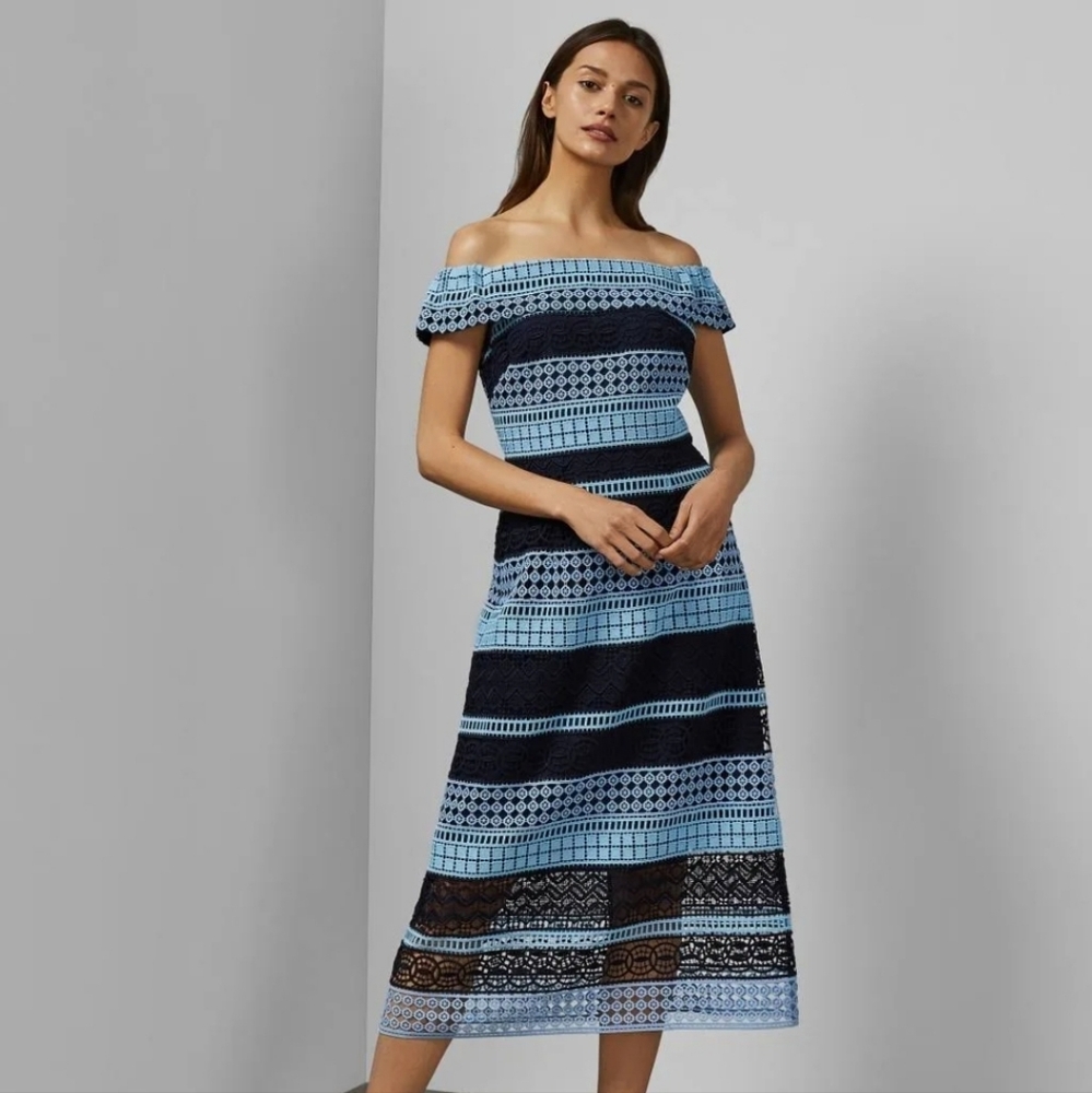 NWT Ted Baker Blue Stripe Off-the-shoulder Guipure Lace Midi Dress 4 /12